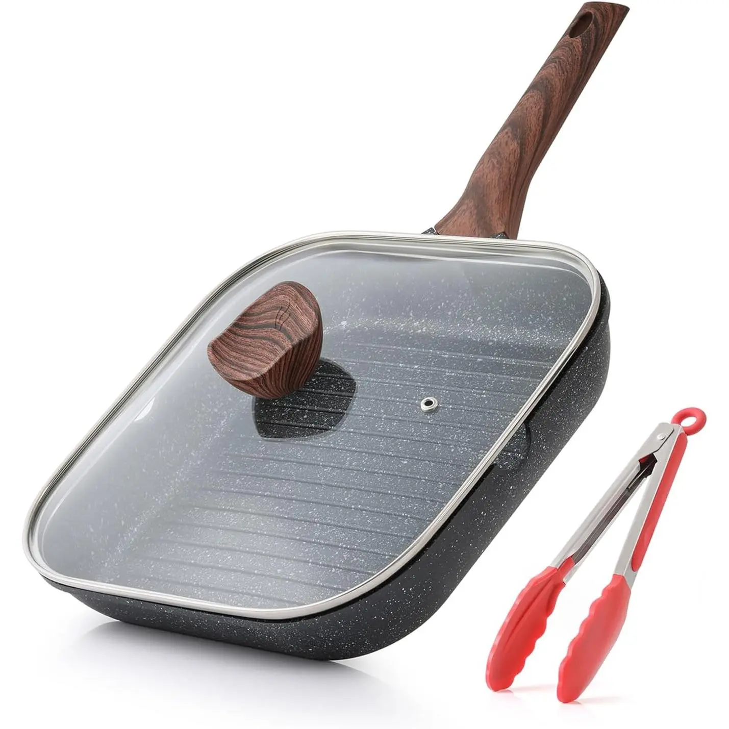 Nonstick Grilling Pan with Lid for Stove Tops, 11 Inch Square Grill Pan for Indoor Cooking, Granite Coating Grill Skillet with Pour Spouts, Versatile Griddle, Induction Steak Pan, PFOA Free