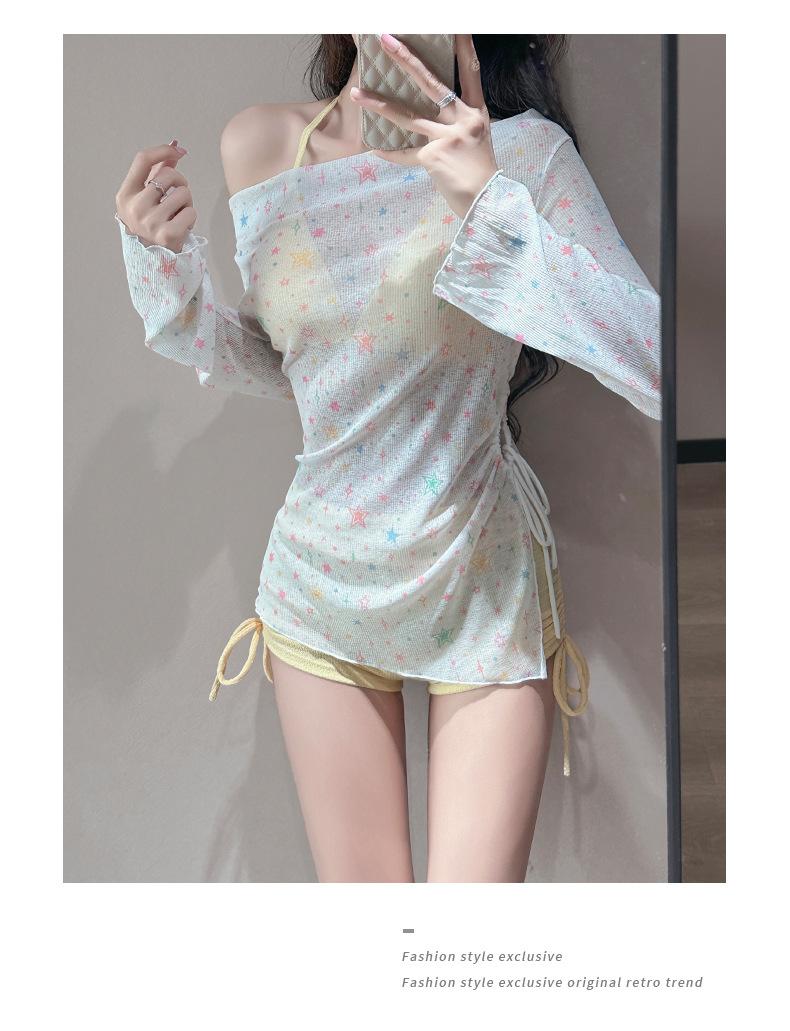 Women's three-piece swimsuit set, long-sleeved for sun protection, with a fresh star print, sweet and charming, suitable for beach wear