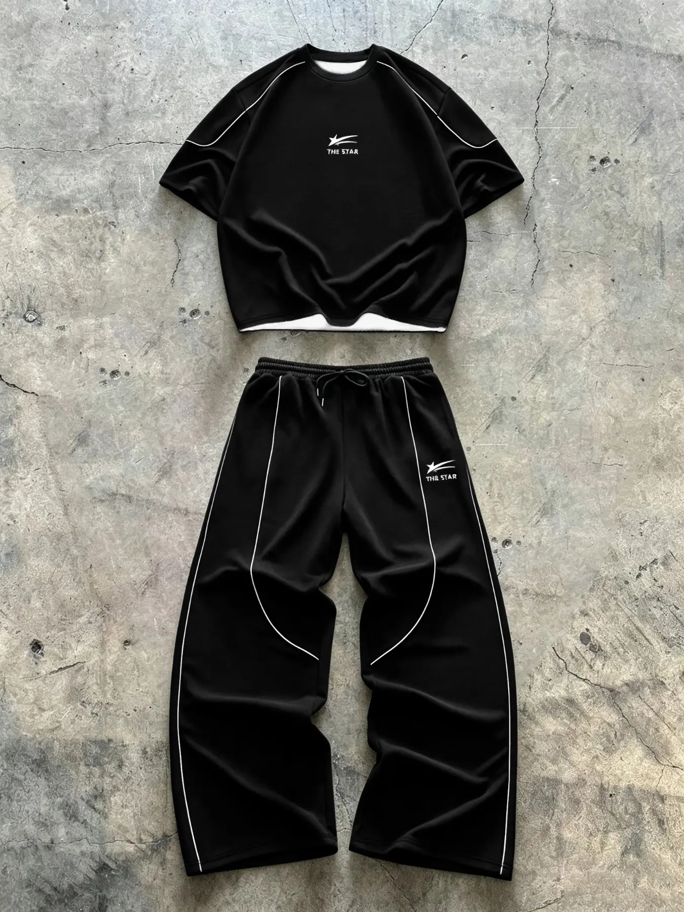 Men's Black White Contrast Piping 2 Piece Matching Set | Crew Neck Loose T-Shirt & Drawstring Wide Leg Sweatpants | Minimal Streetwear Sport Outfit with Star Logo