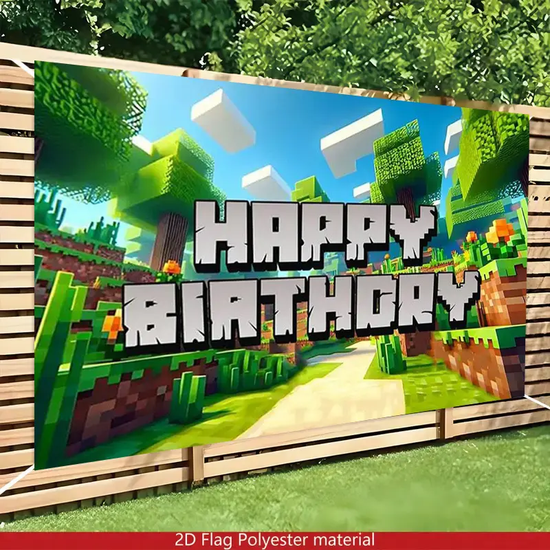 Pixel Art Birthday 2D Flat Banner Backdrop | 2D Flat Banner, Single-Sided Polyester Fabric, Metal Grommets for Easy Hanging | Retro Gaming Pixel Style Photography Background, Living Room Bedroom Game Room Wall Decor
