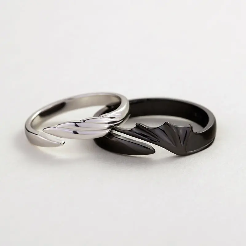 Devil and Angel Couple Rings Trendy Matching Open Band Rings For Men And Women Fashion Simple Black And White Wing Design Promise Engagement Wedding Anniversary Jewelry Set Of 2