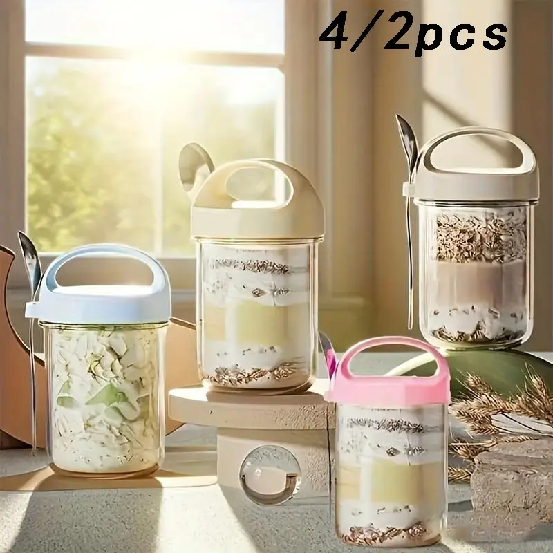 Portable Glass Yogurt Cups, Large Mouth Sealed Jars, Overnight Oatmeal Bowls, Smoothie Cups, Multi-Grain with Spoon, Simple Breakfast Cup, Halloween Christmas Gift