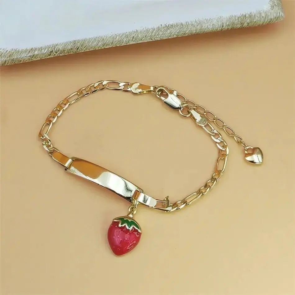 Girls' 14K Gold Plated Strawberry Charm Bracelet, Dainty Fruit Pendant Chain Jewelry for Kids Daily Wear and Party Outfits