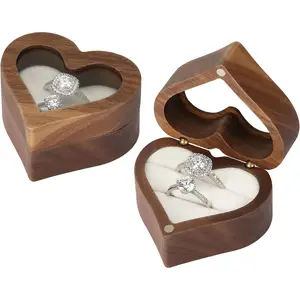 Ring Display Box with Transparent Cover Single Slot 2 Slot, Heart Shaped Personalized Wooden  Box for Proposal Engagement Wedding Ceremony Anniversary (White - 2 Slots)