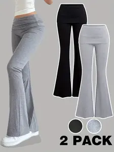 Young Girls' Versatile Long Pants, Solid Color Casual Bell Bottoms, Pleated Trousers 2-Pack, All-Season Elastic Sporty Fit