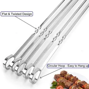 12PCS Kabob Skewers Flat Metal BBQ Barbecue Skewer 14" Long Stainless Steel Shish Kebob Sticks Wide Reusable Grilling Skewers Set for Meat Shrimp Chicken Vegetable, 12 Pack