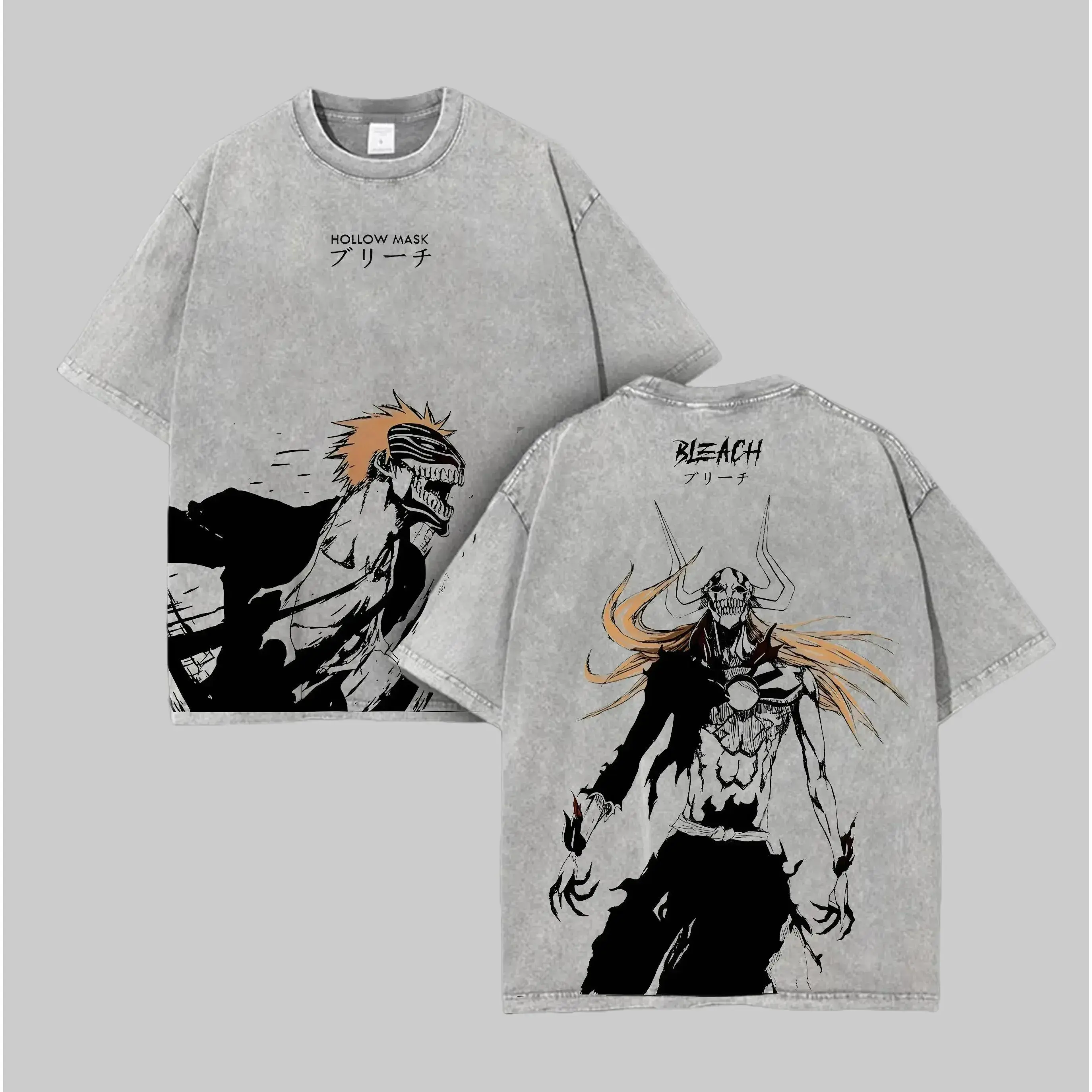 Men's Ichigo "Hollow Mark" Bleach Washed Oversized T-Shirt, Double-Printed Heavy Cotton Stretch Fabric Short-Sleeve Manga Streetwear, Unisex Anime Fan Gift