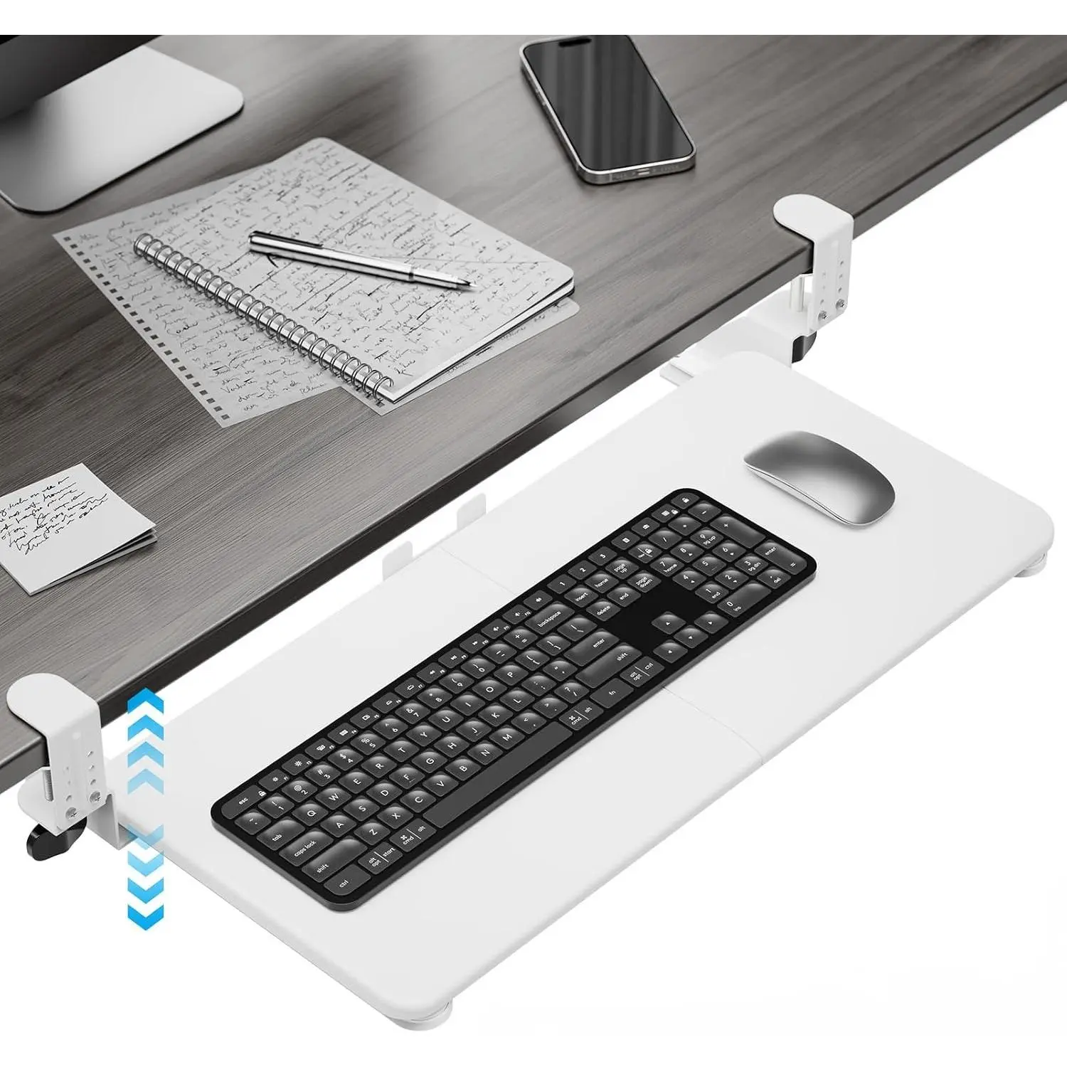 Keyboard Tray Under Desk, Pull Out Keyboard & Mouse Tray with Adjustable C-clamp, 25.6(31.5 Including Clamps) x 11.8 Inch Slide Out Computer Keyboard Drawer Mouse Tray for Typing,White