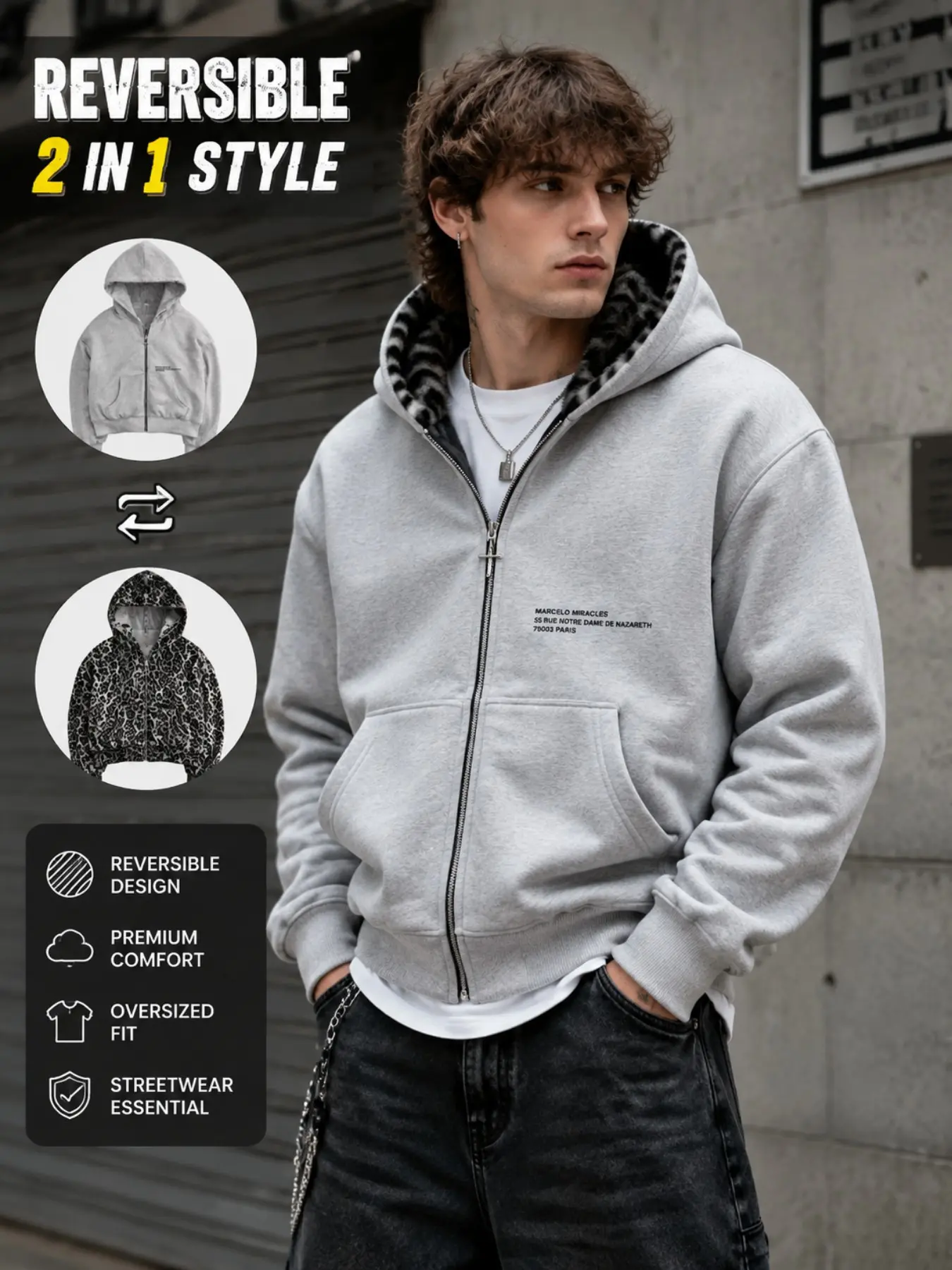 Men's Reversible Leopard Print Hoodie, Zipper Loose Fit Long Sleeve Streetwear Jacket, Y2K Style, Trendy Outerwear for Men, Casual Fashion