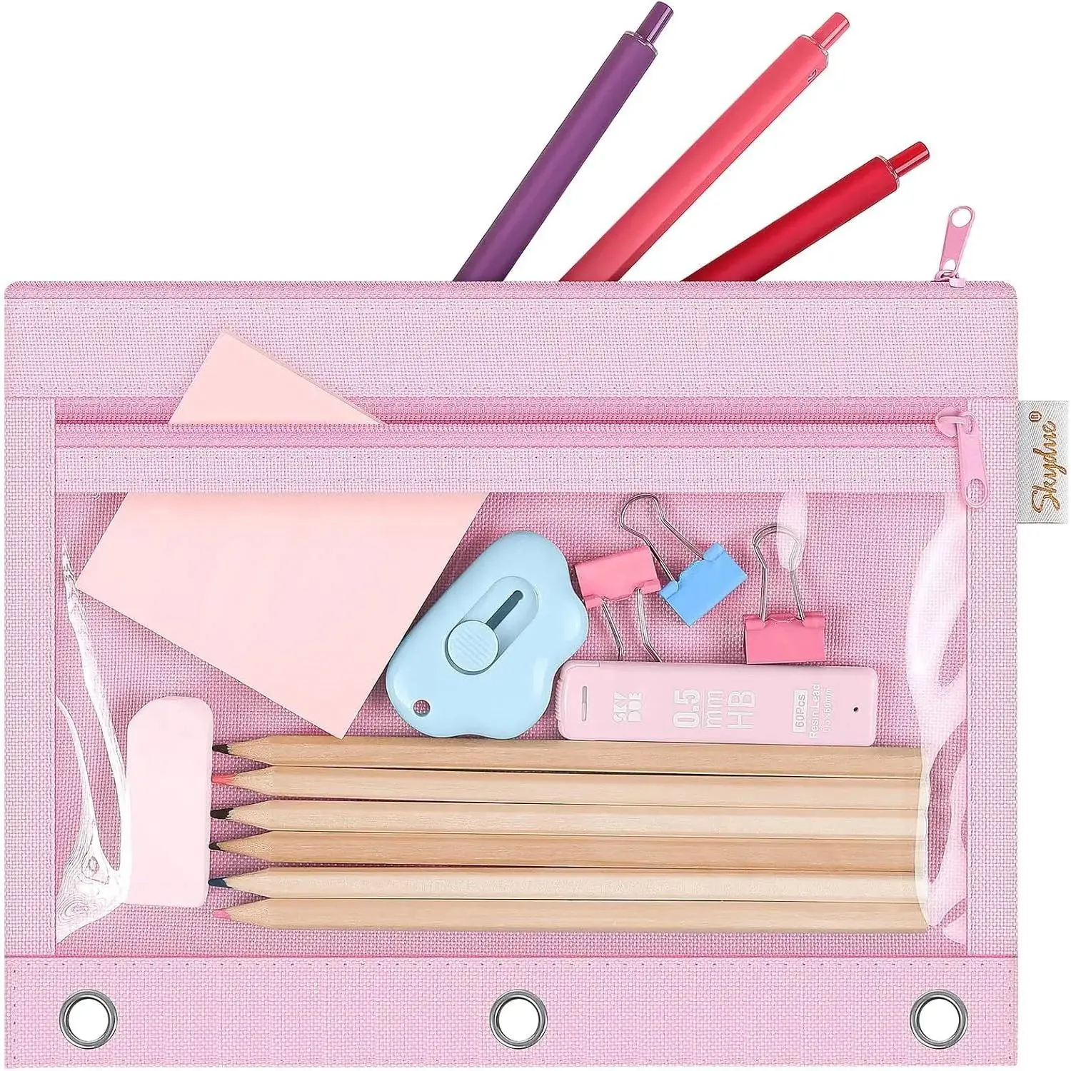 Pencil Pouch for 3 Ring Binder, 10"x7.5", 2 Pockets and Clear Window | Zipper Pencil Pouch for Girls Boys, Clear Window Pencil Bags with 3 Reinforced Grommets for School, Office, Supplies Storage