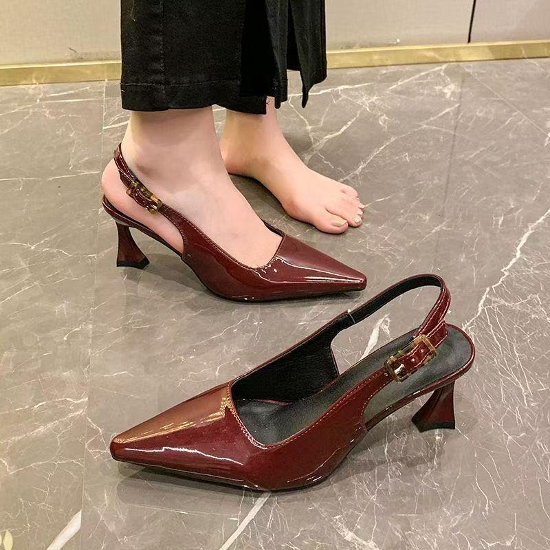 Shallow Cut Buckle Burgundy High Heeled Shoes Feminine Sexy Stiletto Heels Comfortable Back Strap Sandals for Women
