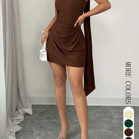 Women's Summer Elegant Feminine Solid Color Fitted Dress, One-Shoulder Ruched Dress for Office, Vacation and Date Night