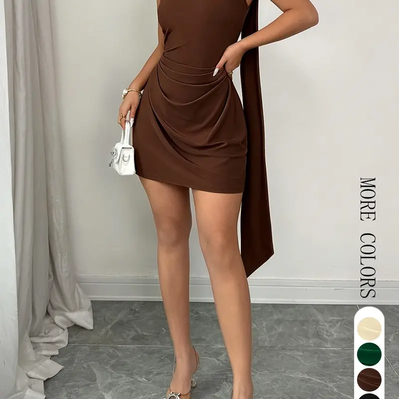 Women's Summer Elegant Feminine Solid Color Fitted Dress, One-Shoulder Ruched Dress for Office, Vacation and Date Night