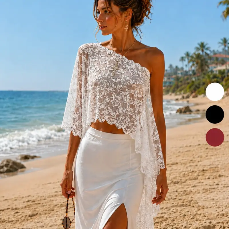 Women's Summer Chiffon Lace Shawl, Loose Fit, Perfect For Vacations, Summer Activities, Weddings, And The Beach. Bohemian Style, New For 2026. Love Island Outfit, Trinity Outfit. Available As A Single Piece Or As A Two-Piece Set. Summer Coverup