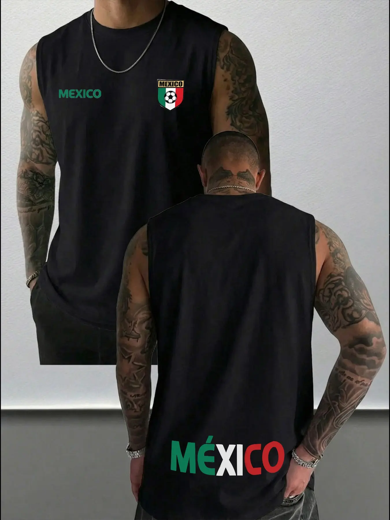 Men's Sleeveless Back Vest, Mexico National Team Football Print, Summer Slim Fit Elastic Top, Casual Sports Wear, Athletic Tank Top, Item