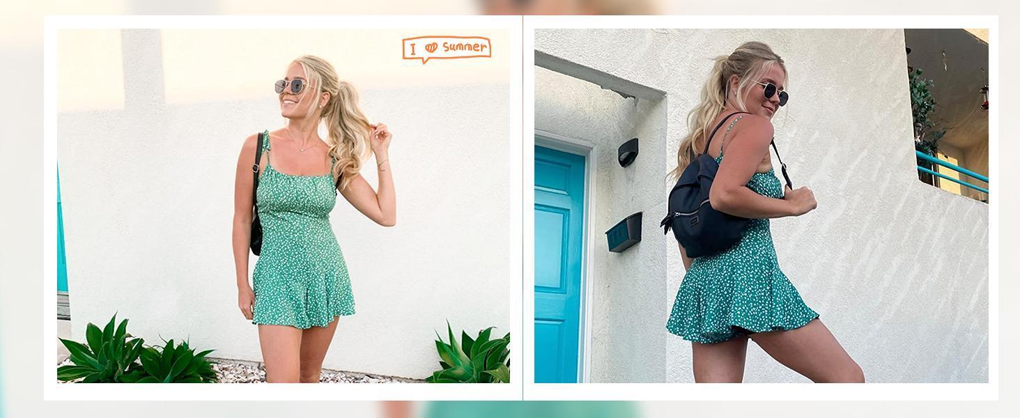 Imily Bela Women's Boho Floral Wide Leg Short Romper Spaghetti Strap Smocked Jumpsuit