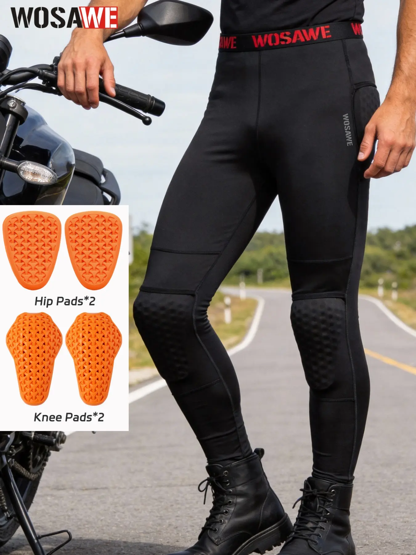 WOSAWE Motorcycle Riding Leggings, Light Stretch Moto Pants With Jacquard Elastic Waist, Flexible Waistband & Reflective Details, Reflective Elements For Day & Night Bike Riding