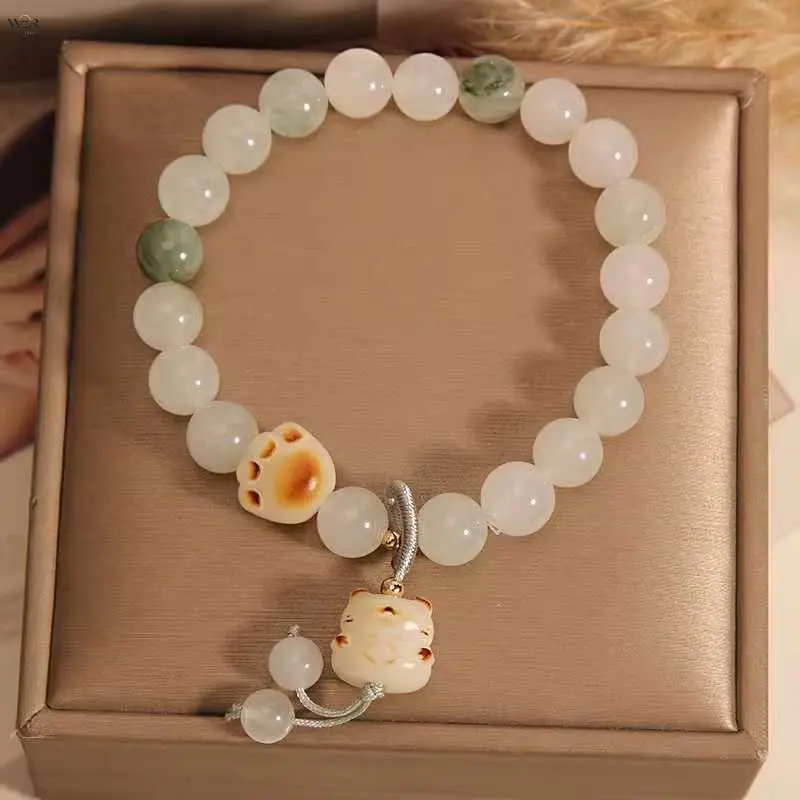 Women's Classic Oriental Natural Tianshan Jade Beaded Bracelet - Natural Stone Beads, Charm Pendants (Cat Paw, Gourd, Tassel), Gradient Light-Color Jewelry for Daily Wear, Gift - Dry Cloth Clean, Single Strand