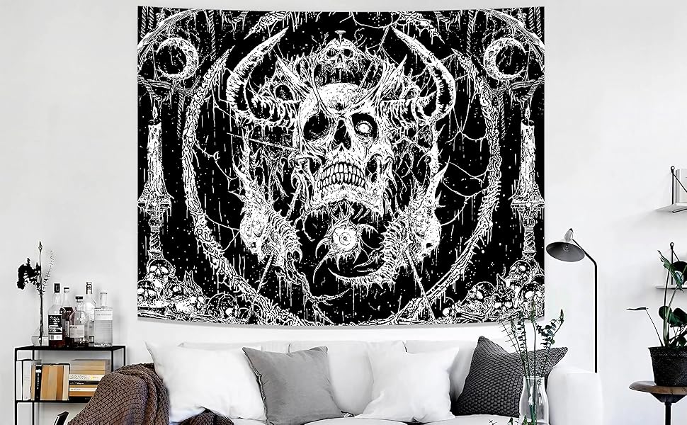 Skull Tapestry, Gothic Horror Moon Skeleton Mystic Dark Tapestries for Bedroom Grunge Wall Hanging Black and White Skull Tapestry, Gothic Horror Moon Skeleton Mystic Dark Tapestries for Bedroom Grunge Wall Hanging Black and White