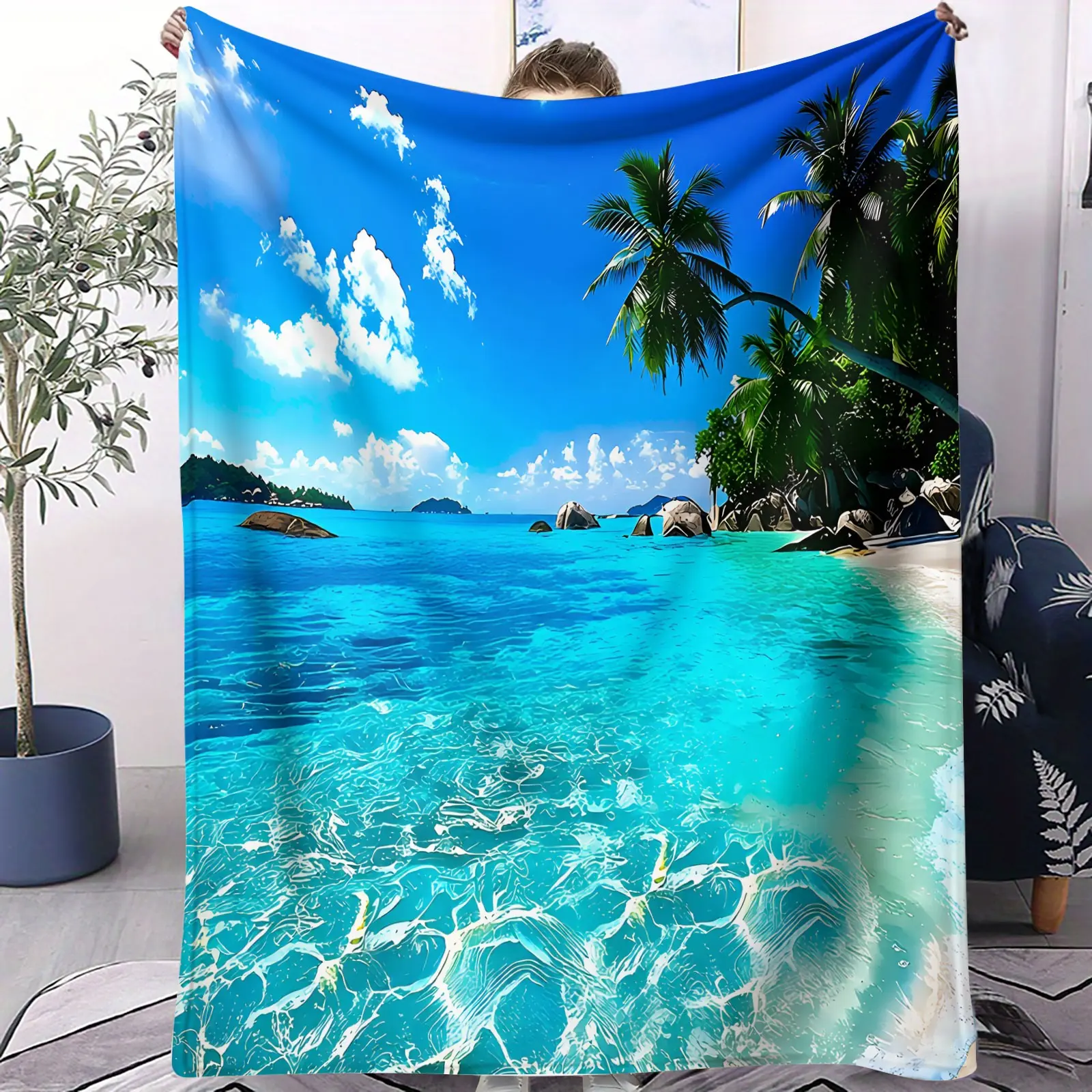 Tropical Beach Flannel Blanket, Crystal Clear Ocean and Palm Tree Coastline Print, Soft Lightweight Throw for Summer Vibes, Travel Lovers, Beach Decor, Coastal Gifts Blankets