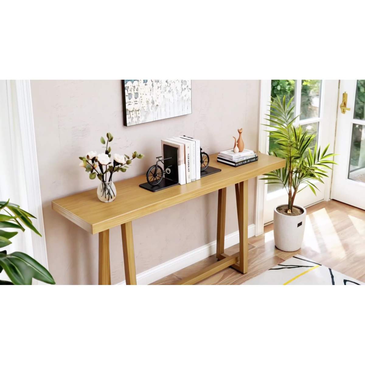 59.84'' Console Table, Stylish Rectangular Entryway Table, Outdoor Console Table for Patio, Sturdy Construction Hall Table, Sofa Table for Hallway, Living Room, Bed Room and Patio,Wood color, Natural    RR