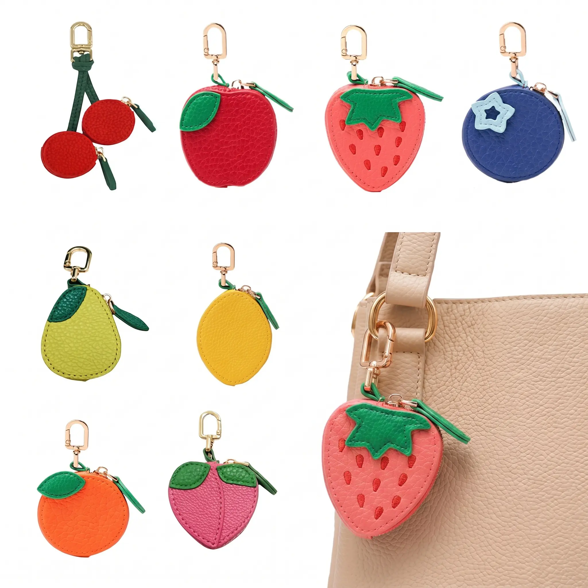Fruit Shaped Leather Zipper Coin Purse Keychain, Pebbled Pu Mini Earbud Case Bag Charm, Cute Car Key Wallet Pendant For Women Girls, Trendy Aesthetic Bag Accessories, Portable Lipstick Coin Holder With Carabiner Clip-YY0