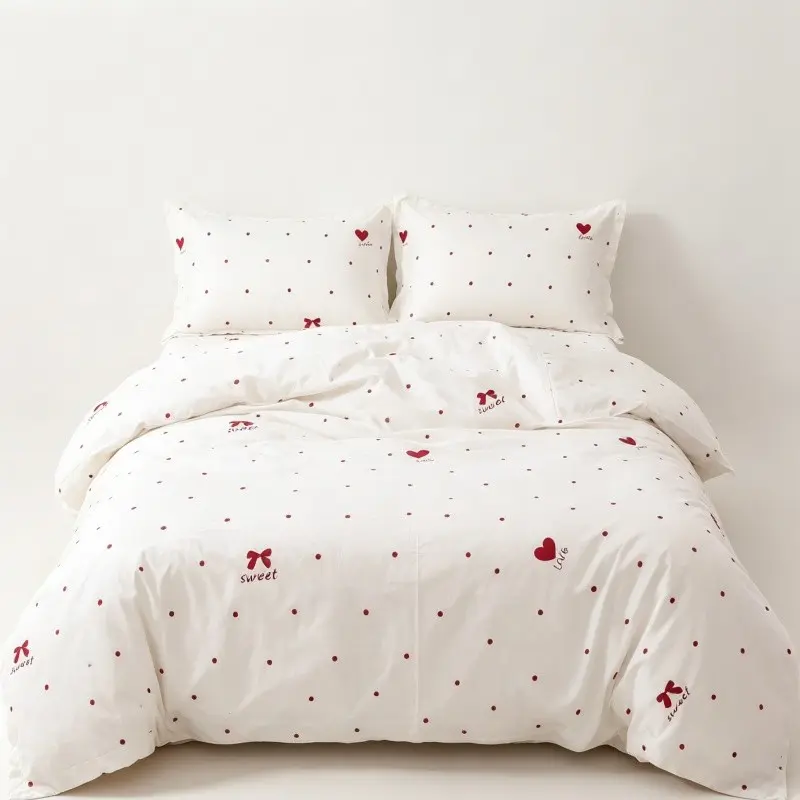 3pcs Heart and bow Print Bedding Set, Includes 1 Duvet Cover and 2 Pillowcases(without comforter and pillow insert, Single Twin Double Queen Size