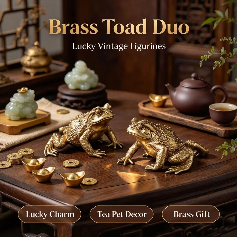 2‑Pack Brass Lucky Frog Statues Set, Vintage Wealth Frog Figurines, Retro Desk & Shelf Decor, Prosperity Holiday Ornament, Unique Feng Shui Gift