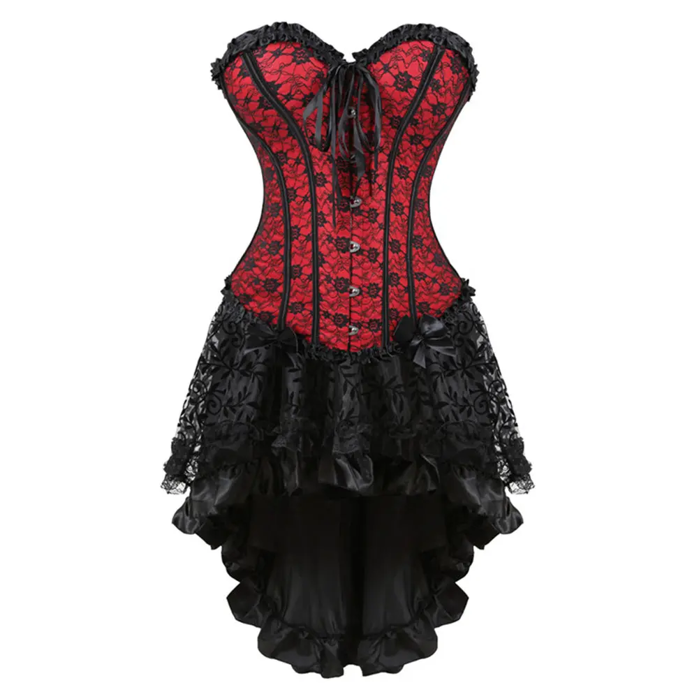 Women's 2-Piece Vintage Corset Set - Cropped Halter Neck Bustier Top, Tutu Skirt, Floral Lace-Up, Plus Size Clothes for Witch Cosplay, Gothic Victorian Halloween Costumes