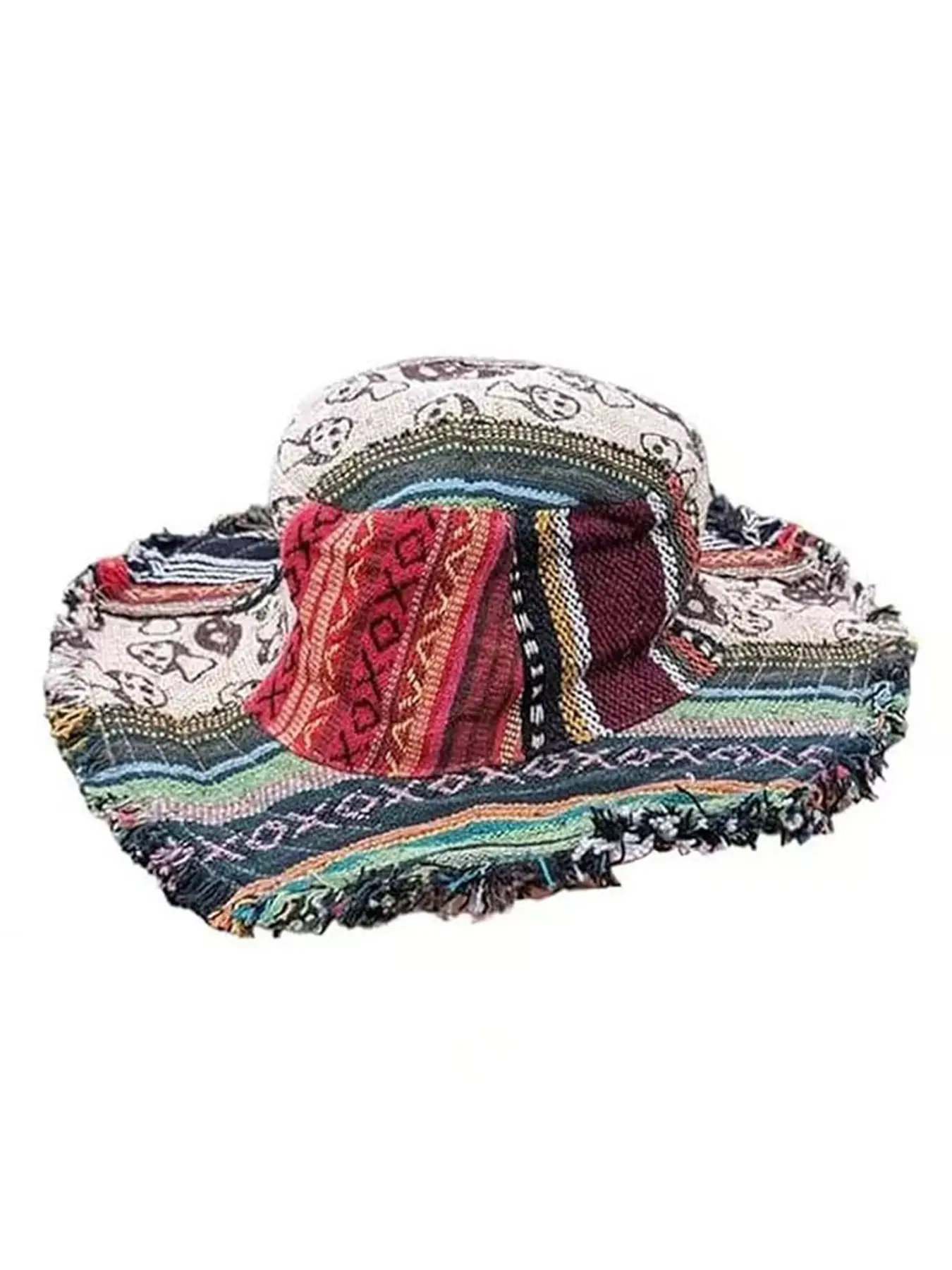 Patchwork Multicolored Mushroom Hemp Fedora Hat, Hand‑Made Boho Unisex Hat with Hidden Pocket for Travel Beach Festival