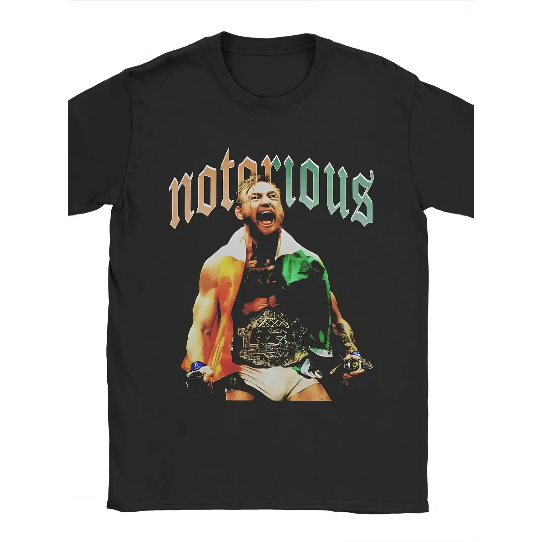 Retro Connor McGregor T-shirt for Men - Original Streetwear Style with O-ring and "Notorious" Print, Casual Black Short-Sleeve Shirt, Breathable Fabric for Summer and