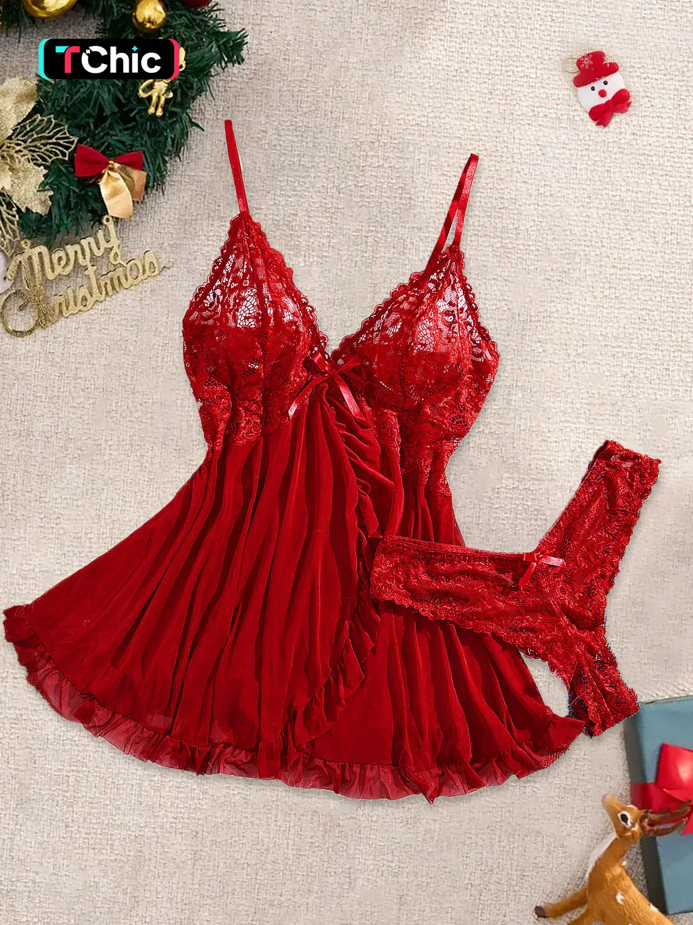 Christmas Two-Piece Lingerie Set, Sexy Lace Plaid Nightwear Underwear for Women, Comfortable Loose-Fit Design, Perfect Gift for All Seasons