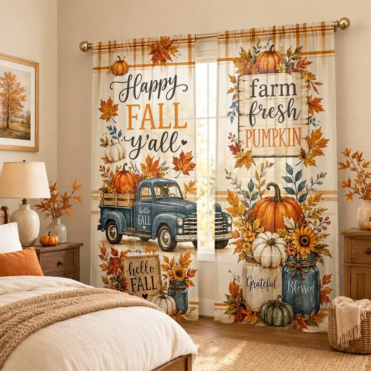 2 pieces, printed pole blinds, polyester semi blackout blinds, Thanksgiving and autumn harvest theme pattern, fresh rural style, suitable for dormitory, kitchen and room decoration, curtain panel, suitable for living room, bedroom, balcony and kitchen