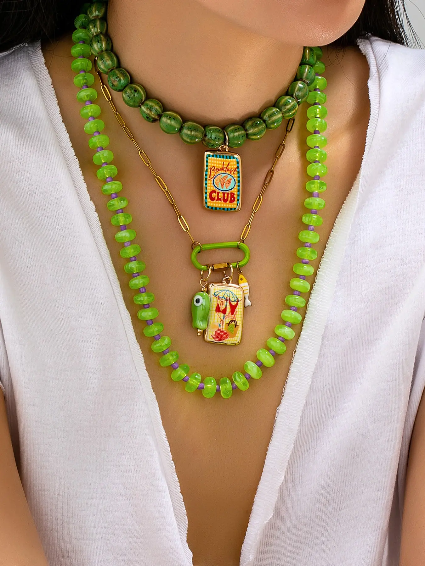 3 Pcs Green Beaded Stackable Necklaces, Colorful Enamel Fish Charms Pendant, Bohemian Summer Necklaces Trendy Vacation Party Jewelry for Women