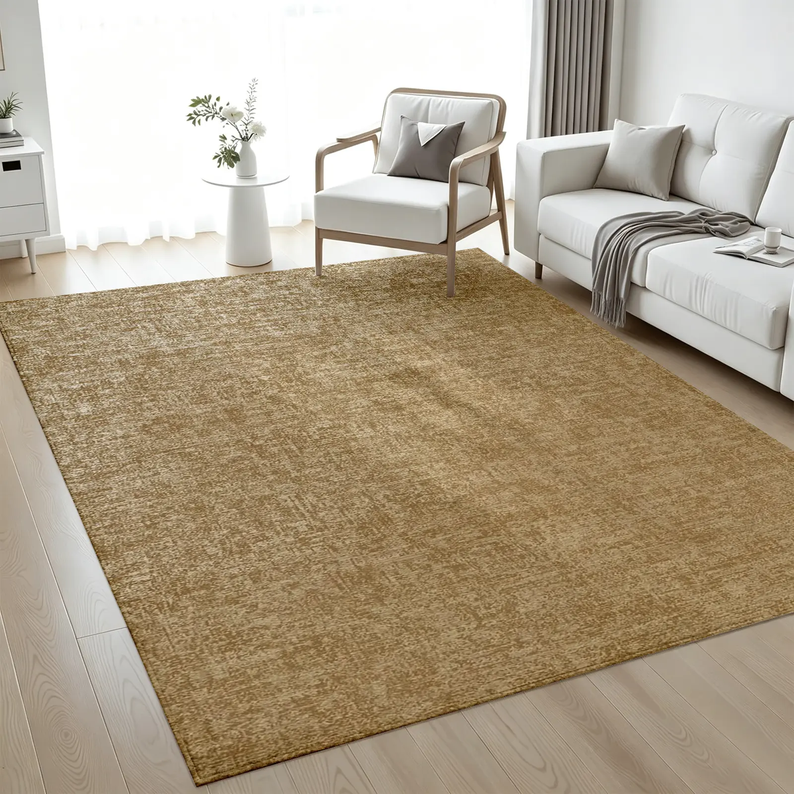 Earthy Tones Mustard Gold Textured Low-Pile Rug - Soft, Non-Slip, Machine-Washable Machine-Made Synthetic Fiber Carpet, Minimalist Home Decor for Living Room, Housewarming Gift, Earth Tones