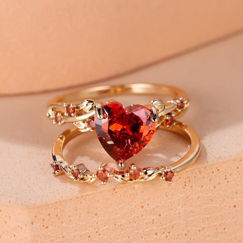 2-Piece Red Green Zirconia Inlaid Copper Band Rings Elegant Stackable Heart Puzzle Couple Rings for Wedding Engagement Matching Jewelry