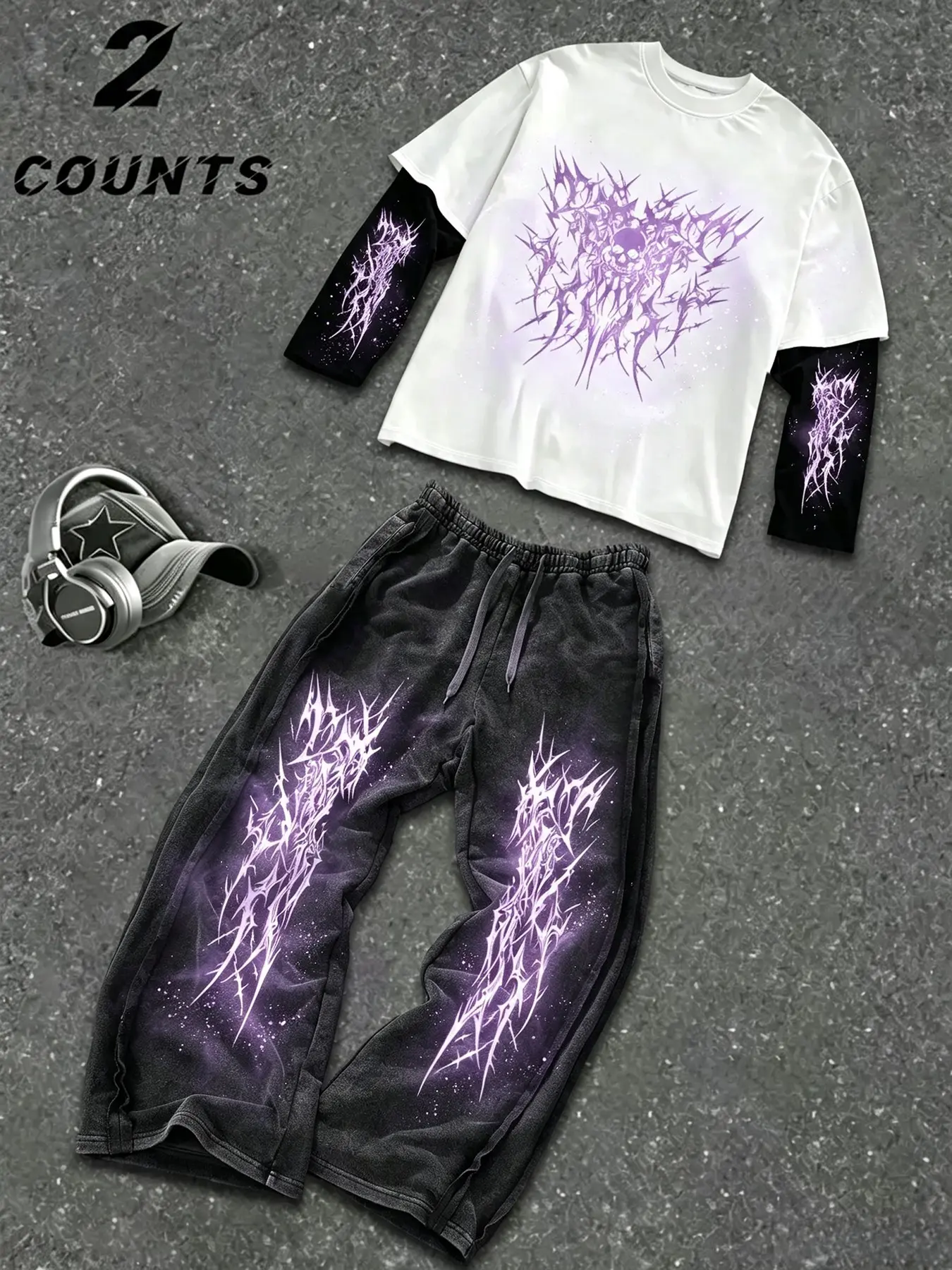 Men's Two-Piece Set Death Metal Font Long Sleeve Top and Wide Leg Pants, Dark Subculture Style, Loose Fit, Street Fashion