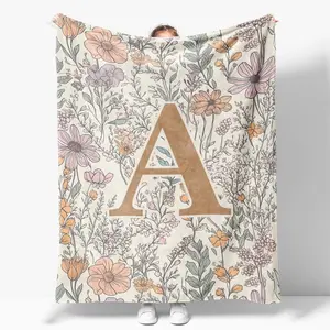Personalized Monogram Flannel Throw Blanket, Vintage Wildflower Letter Soft Cover, Cozy Warm Gift for Her Mom Wife Daughter, Farmhouse Home Decor for Couch Sofa Bed, AC Room Summer Nap Blanket, Birthday Wedding Housewarming Gift, French Floral Throw