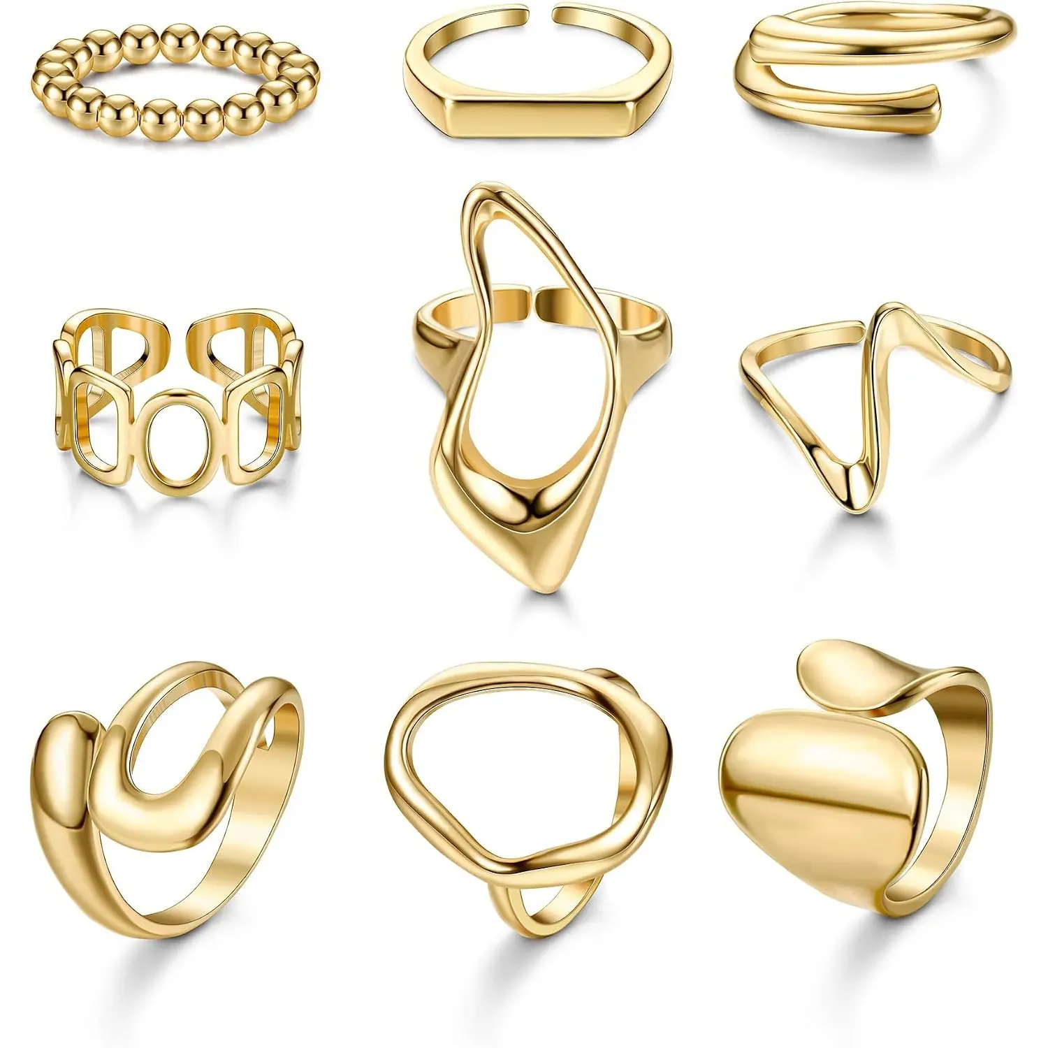 FASACCO 9 Pcs Gold Plated Chunky Rings for Women 18K Gold Plated Ring Set Dome Thick Open Rings Adjustable