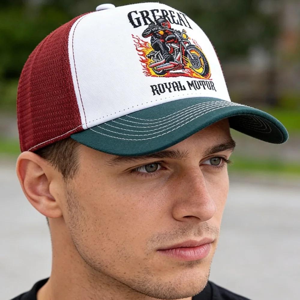 Hot Sale Motorcycle Embroidered Trucker Hat Flame Biker Patch Baseball Cap For Man Woman Breathable Streetwear Summer Mesh Caps