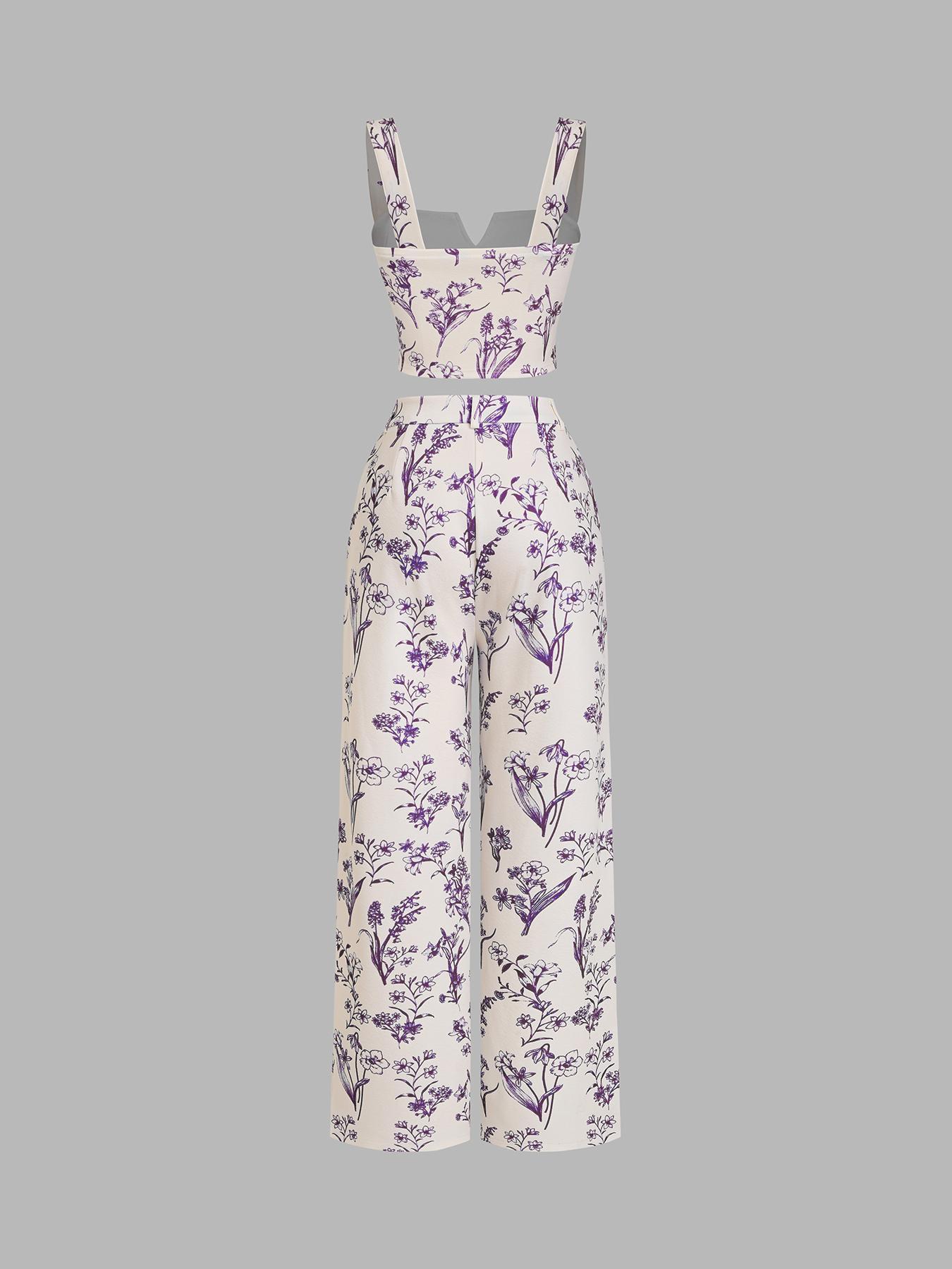 Women's Plants Print Tank Top & Wide Leg Pants Two-piece Set, Casual Sleeveless Top & Pants for Daily Wear, Ladies Summer Clothes