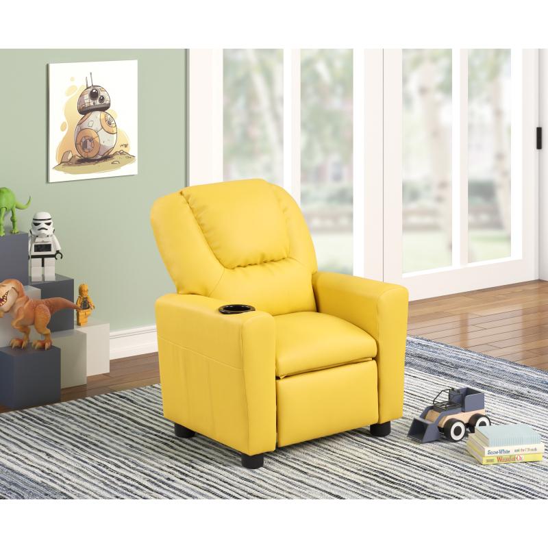 Marisa 23" Yellow PU Leather Kids Recliner Chair with Cupholder Living Room Interior gaming chair vanity chair Ergonomically Adjustable Seat