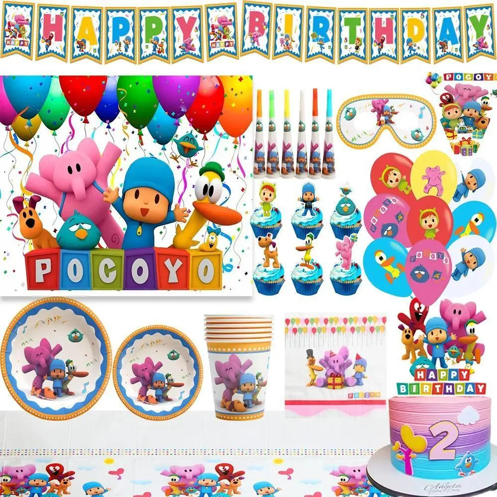 Blue&Pocoyoing Birthday Party Tableware Decoration Cartoon Elephant Balloon Plates Banner Cake Topper Backdrop Kids Baby Props