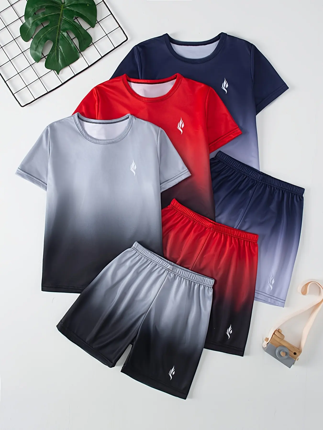 Quick-Dry Sports Set, Summer Short Sleeve Shorts, Breathable Moisture-Wicking, Flame Print, Loose Fit, Casual Training Wear