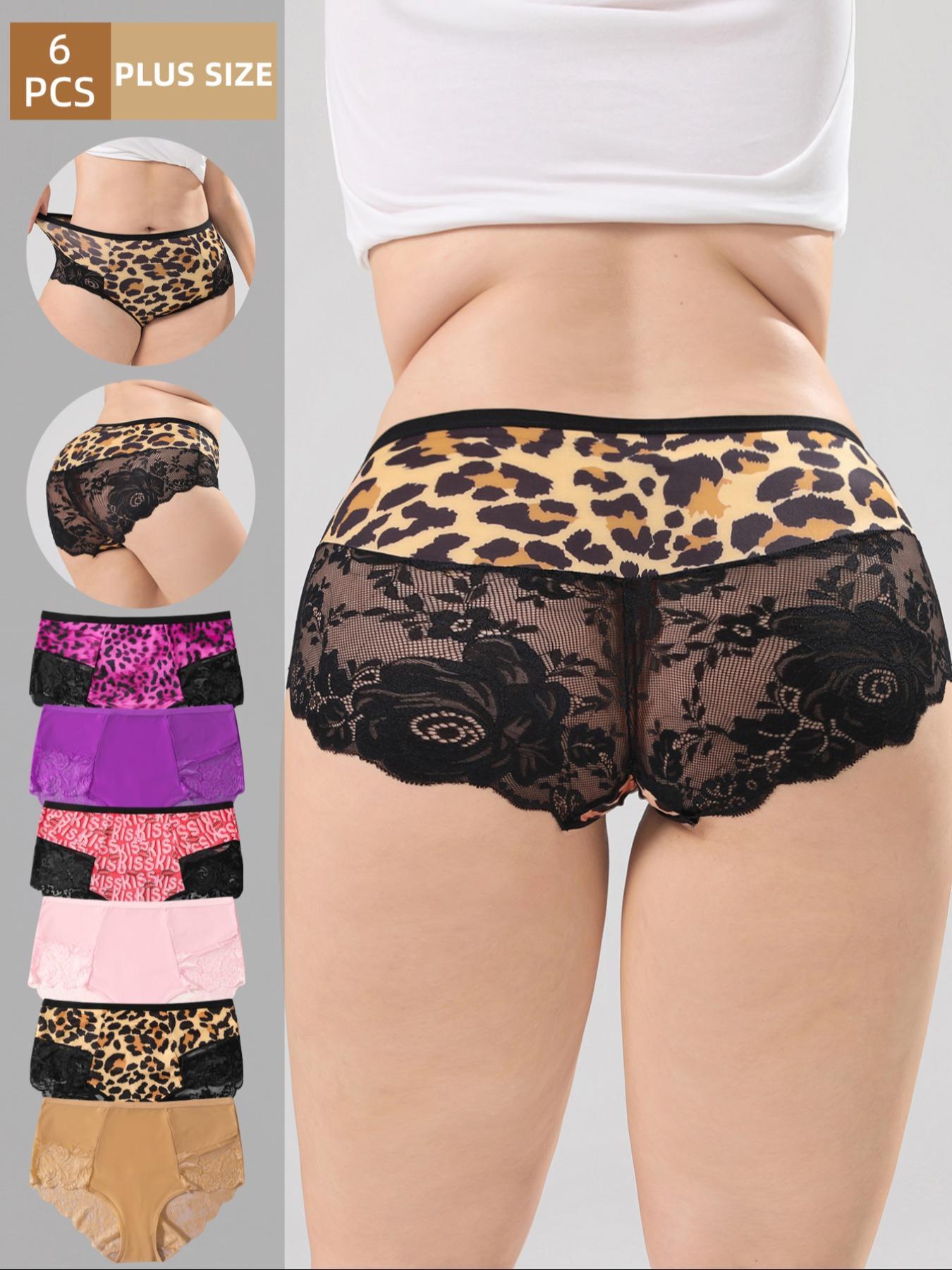 [Plus Size] Solid / All Over Print Leopard Contrast Lace Panty, Breathable Comfortable Panties for Daily Wear, Women's Underwear for All Seasons, Soft Stylish Brief