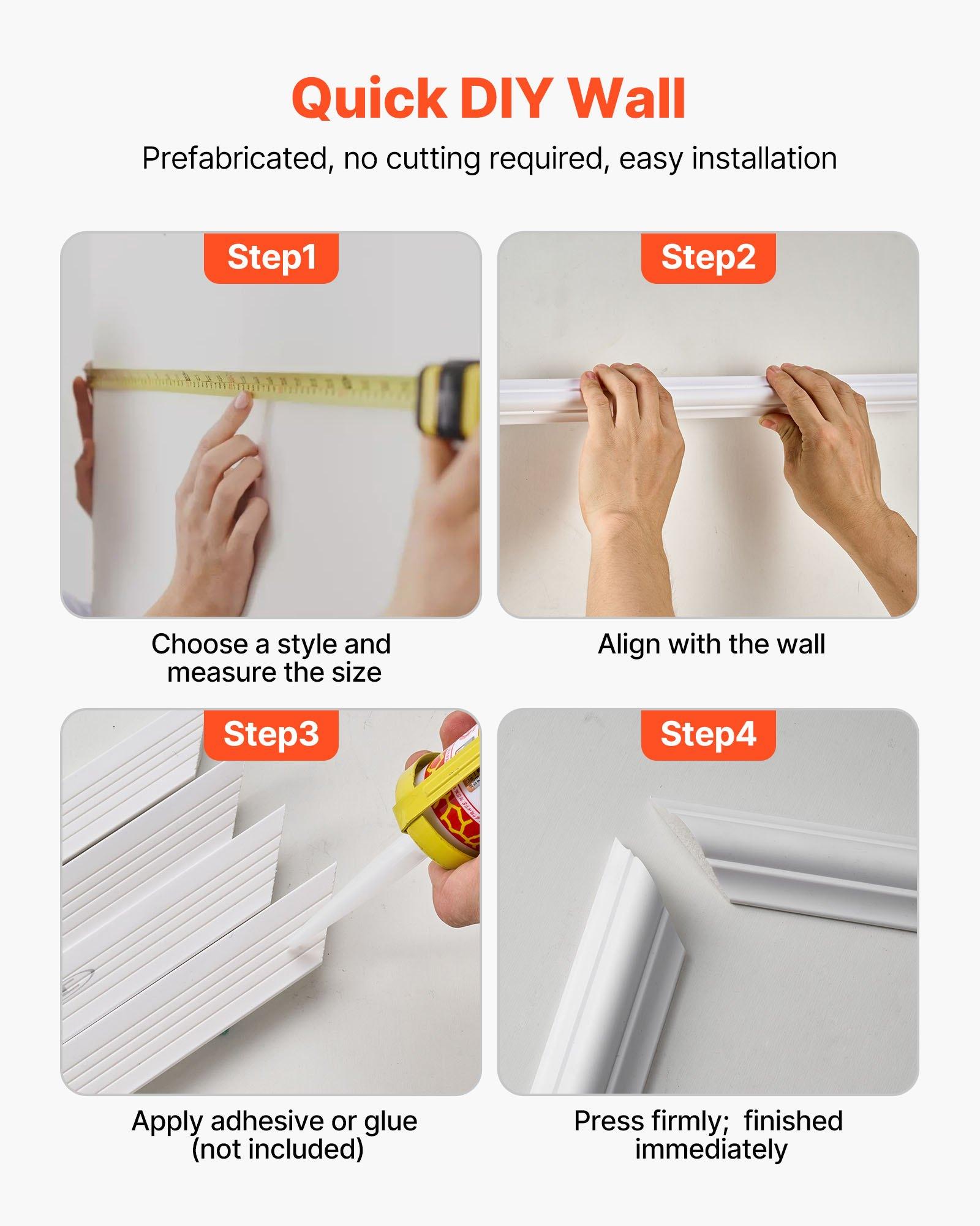 VEVOR Wall Molding 3 Pack, Wainscoting Panels Kit, Lightweight Paintable Polystyrene, Easy to Install, Waterproof Accent Wide Profile Trim for Interior Living Room, Bedroom,White (24x54 + 24x24 in)