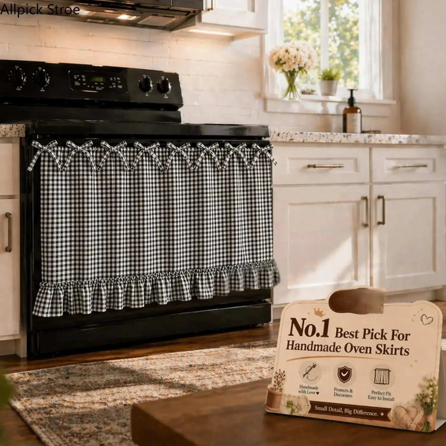 Gingham Oven Skirt, Polyester Farmhouse Stove Top Cover - Cooktop Cover with Ruffled Bow, Handmade Cottagecore Kitchen Decor, Easy-Install Accessory That Enhances Kitchen Aesthetic, Dust Cover, Stove Top Covers