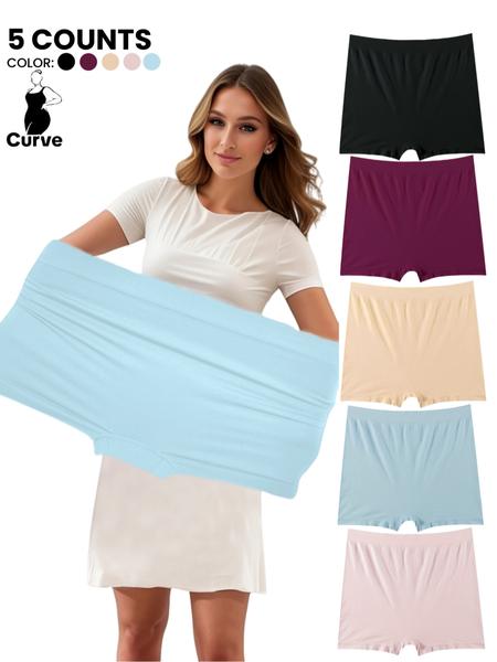 5-Pack Plus Size Women's Soft Comfortable Mid-Waist Seamless Boxer Shorts, Non-Roll Edge Design, Elastic Waistband for All Seasons