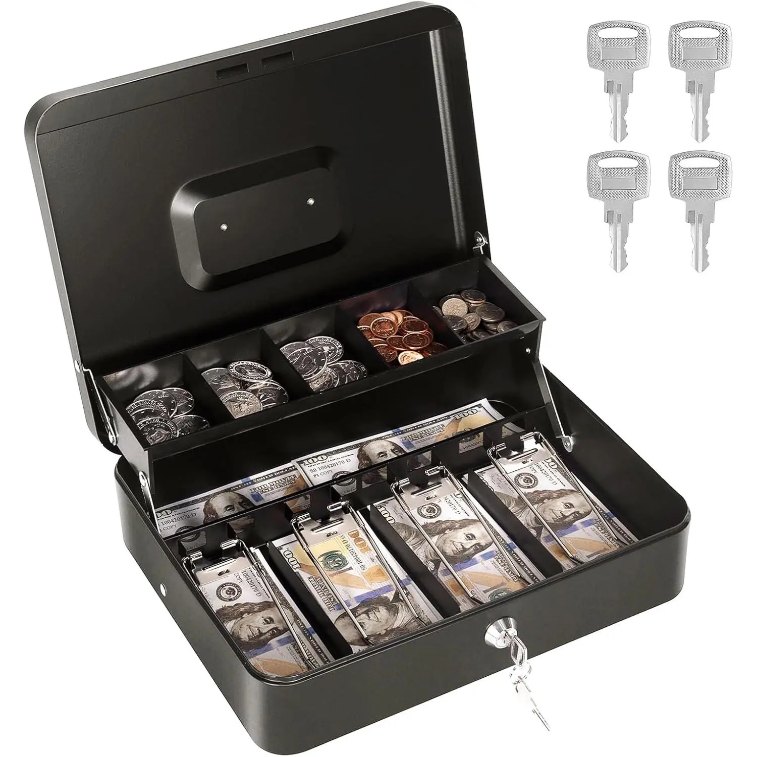 Lockable Metal Cash Box with Removable Money Tray, 5‑Slot Coin Compartments & 4 Bill Slots, Comes with 4 Keys, Black Cash Storage Box for Register, 11.8" x 9.4" x 3.54"