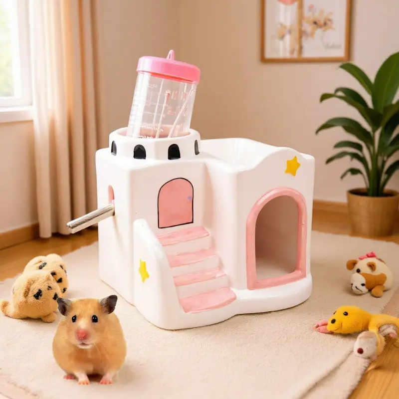 Hamster ceramic hideaway house, summer cooling nest for golden hamsters, ice house for cooling off, three-in-one ceramic water bottle and food bowl
